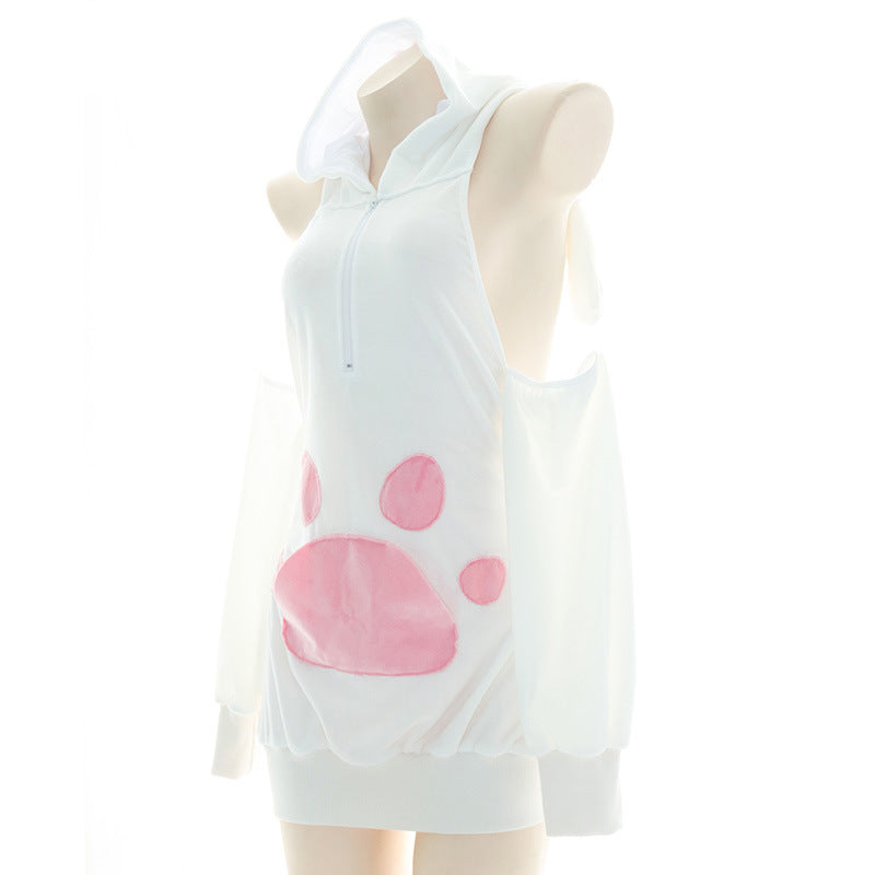Anime Catgirl Hoodie with Plush Paws and Open Back